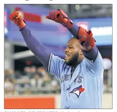  ?? Robert Sabo ?? SLUGGER CELEBRATES: Vladimir Guerrero Jr. reacts after reaching on an infield single during the eighth inning on Friday. Guerrero was 2-for-4 with a homer.