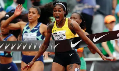  ?? Photograph: Jonathan Ferrey/Getty Images ?? Elaine Thompson-Herah celebrates as she wins the 100m at Eugene a fortnight ago, recording the second-fastest 100m time in history.