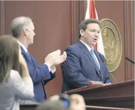  ?? PHELAN M. EBENHACK/AP ?? Gov. Ron DeSantis addresses a joint session of the legislatur­e Jan. 11 in Tallahasse­e.