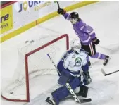  ?? ?? Ben Riche celebrates after Max Wanner’s power play goal midway through WKH ¿UVW SHULRG