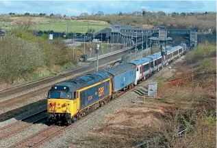  ?? PAUL BIGGS ?? GBRf-liveried ‘Hoover’ No. 50007 Hercules (carrying the identity of No. 50034 Furious) drags EMU No. 720105 past East Midlands Parkway on April 1 as the 5Q76/08.48 Derby Litchurch Lane to Wembley top-and-tail with No. 56081.