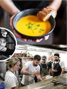  ??  ?? From top: A nourishing bowl of soup at Everybody Eats; Nick Loosley (inset); Chefs come from around Auckland to cook; The dining room.