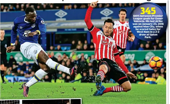  ?? PA/BPI ?? Double act: Lukaku scores Everton’s third late on after game-changer Valencia had opened the scoring from close range (left)