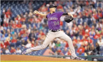  ?? MATT SLOCUM/ASSOCIATED PRESS ?? Colorado’s Jeff Hoffman struck out seven and allowed three hits in seven innings to lead the Rockies to a win over the Phillies Monday.