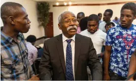  ?? Photograph: Richard Pierrin/AFP/Getty ?? Former senator Patrice Dumont speaks during a press conference at the end of his mandate on Monday in Port-au-Prince, Haiti.