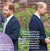  ??  ?? Scobie says Harry’s relationsh­ip with Prince William has “progressed very little” and that he needs more “accountabi­lity” from the Windsors to move on.