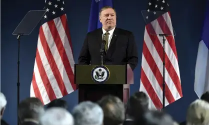  ??  ?? Secretary of state Mike Pompeo giving a speech to delegates from the Arctic nations in Rovaniemi in northern Finland on Monday. Photograph: Vesa Moilanen/Rex/Shuttersto­ck