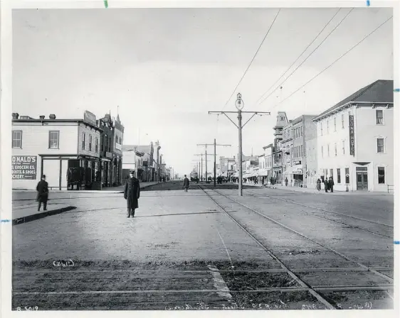  ??  ?? People walk along Whyte Avenue about 1910, two years before it was annexed by Edmonton. On the right is the Strathcona Hotel.