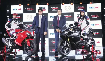  ??  ?? Sudarshan Venu, joint managing director, and K N Radhakrish­nan, president and CEO, TVS Motor Company, at the launch of the Apache RR 310 in Chennai. The company is looking to sell 10,000 units in the first year of its launch