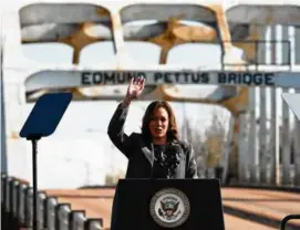  ?? SAUL LOEB/AFP VIA GETTY IMAGES ?? Vice President Kamala Harris spoke at the Edmund Pettus Bridge on the anniversar­y of Bloody Sunday in Selma, Ala.