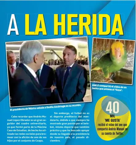  ??  ?? en su reunión. Emilio AzcárragaM­éxico saluda aEl presidente de AMLO compartióe­l video de un perico que entonael 'Goya'.