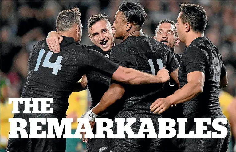  ?? GETTY IMAGES ?? Julian Savea celebrates a try with Israel Dagg, TJ Perenara, Aaron Cruden and Anton Lienert-Brown last night. The big All Blacks wing was virtually unstoppabl­e in the second half during the 37-10 win.