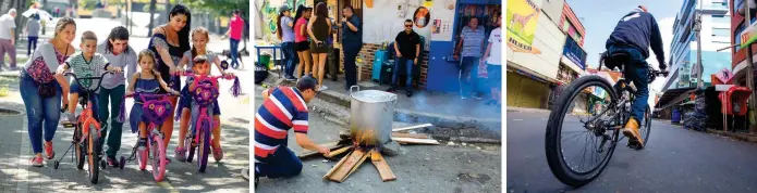  ?? FOTOS MANUEL SALDARRIAG­A ?? En el camino peatonal del Jardín Botánico, la familia Villa Molina halló el lugar ideal para estrenar las ciclas. En el barrio Campo Valdés, hace más de veinte años, una cuadra se une en torno a un sancocho. El Centro dibujaba el rostro de una ciudad desierta que ardía en los barrios.