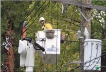  ?? H John Voorhees III / Hearst Connecticu­t Media ?? Crews work on downed power lines in Bethel last year after a storm moved through the area.