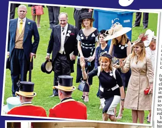  ??  ?? CURTSEY AND A WAVE: Fergie and Beatrice greet HM at Ascot. Below: Eugenie with Harper Beckham and her pals at the Palace