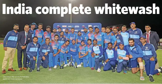  ??  ?? Indian players after winning the T20I series against New Zealand on Sunday