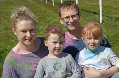  ??  ?? Aine Shannon, Ruben Hamilton, Martin Shannon and Lily Shannon having fun at the Loreto School Colour Run at Wexford Racecourse.