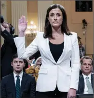  ?? (AP file/Andrew Harnik) ?? Cassidy Hutchinson, former aide to Trump White House chief of staff Mark Meadows, is sworn in to testify as the House select committee investigat­ing the Jan. 6 attack on the U.S. Capitol holds a hearing in Washington on June 28.
