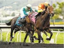  ?? Shane Micheli / Vassar Photograph­y ?? Visitant, with jockey William Antongeorg­i III aboard, wins the $75,000 Alcatraz Stakes with a time of 1:36.73.