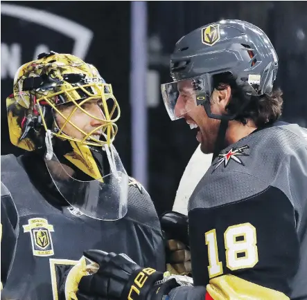  ?? BRUCE BENNETT/GETTY IMAGES ?? Goaltender Marc-Andre Fleury and forward James Neal have led the Vegas Golden Knights to in improbable 3-0 record.