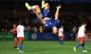  ?? Photograph: Bryn Lennon/Getty Images ?? Sam Kerr celebrates her hat-trick goal against Vllaznia with a backflip.