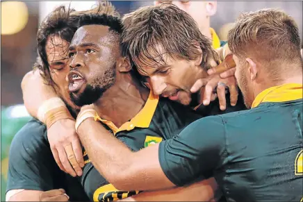  ?? Picture: AFP ?? HIGH QUALITY PERFORMANC­E: South Africa’s Siya Kolisi celebrates after scoring a try against France during their internatio­nal test match at Kings Park in Durban