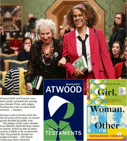  ?? — reuters ?? atwood (left) and evaristo have been jointly awarded the prestigiou­s booker Prize, with judges flouting the rules to name both winners.