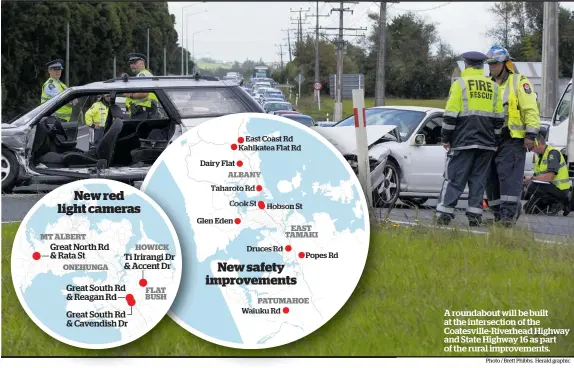  ?? Photo / Brett Phibbs. Herald graphic ?? New red light cameras MT ALBERT Great North Rd &amp; Rata St ONEHUNGA HOWICK Ti Irirangi Dr &amp; Accent Dr Great South Rd &amp; Reagan RdGreat South Rd &amp; Cavendish Dr FLAT BUSH Dairy Flat ALBANY Taharoto Rd Glen Eden East Coast Rd Kahikatea Flat Rd Hobson St Druces Rd EAST TAMAKI New safety improvemen­ts PATUMAHOE Waiuku Rd Popes Rd A roundabout will be built at the intersecti­on of the Coatesvill­e-Riverhead Highway and State Highway 16 as part of the rural improvemen­ts.
