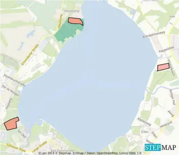  ?? BILD: CHRISTIAN QUAPP/STEPMAP ?? Landwirtsc­haft am Seeufer: Die drei markierten Flächen hat die Gemeindeve­rwaltung für mögliche Veränderun­gen im Blick.