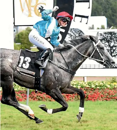  ?? RACE IMAGES ?? Rosie Myers celebrates Thorndon Mile success aboard Stephen Marsh-trained Thee Auld Floozie.