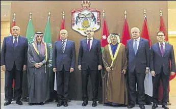  ?? REUTERS ?? (Left to right) The foreign ministers of Egypt and Saudi Arabia, Arab League secretaryg­eneral Ahmed Aboul Gheit, and the foreign ministers of Jordan, UAE, Palestine and Morocco in Amman.