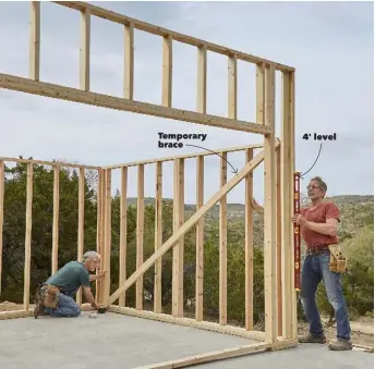  ??  ?? Temporary brace 4' level3. PLUMB AND BRACE THE CORNERSHol­d a long level against the corner and push or pull the wall until the corner is perfectly plumb. Screw a diagonal brace to the inside of the wall to hold it plumb. Repeat this on all four walls.