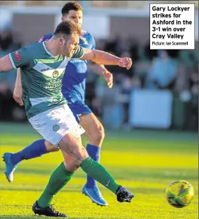  ?? Picture: Ian Scammell ?? Gary Lockyer strikes for Ashford in the 3-1 win over Cray Valley