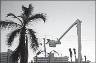  ?? AP/DAVID GOLDMAN ?? A lineman repairs a power line Tuesday on Marco Island, Fla. Florida officials said crews are busy restoring power across the state but some people will be without electricit­y for days.