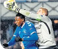  ??  ?? Joe Aribo is denied by Young Boys keeper David Von Ballmoos at Ibrox on Thursday night