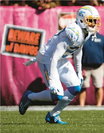  ?? KIRK IRWIN/AP ?? Chargers cornerback J.C. Jackson has struggled since returning from surgery on his right ankle. The CB signed a five-year, $82.5 million contract with the Chargers in the offseason after the Patriots did not place the franchise tag on him.