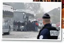  ??  ?? Migrants line up to register at a processing centre in the ‘Jungle’ and, left, some board b buses to other centres in France