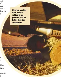  ?? ?? Clearing spinifex from under a vehicle is not pleasant, but it’s better than the alternativ­e!