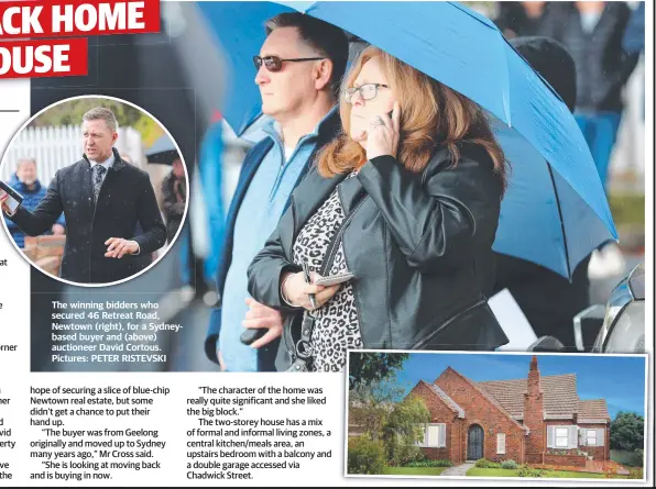  ??  ?? The winning bidders who secured 46 Retreat Road, Newtown (right), for a Sydneybase­d buyer and (above) auctioneer David Cortous. Pictures: PETER RISTEVSKI