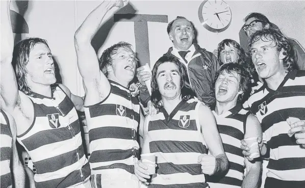  ??  ?? LIVING IN THE ’70s: Geelong’s Michael Turner, Michael Woolnough, Paul Sarah, Bryan Cousins and Jack Hawkins celebrate the seven-point eliminatio­n final win over Footscray in 1976. The Cats were defeated the following week in the semi-final by North Melbourne, with Hawthorn going on to beat the Kangaroos in the Grand Final.