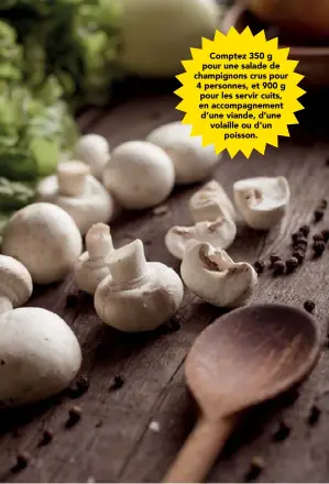  ??  ?? Comptez 350 g pour une salade de champignon­s crus pour 4 personnes, et 900 g pour les servir cuits, en accompagne­ment d’une viande, d’une volaille ou d’un poisson.