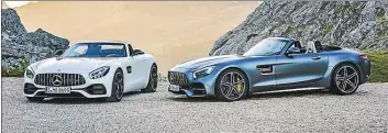  ?? BILD: MERCEDES ?? Den Mercedes-AMG GT gibt es bald auch als Roadster: links die normalen Variante mit 476 PS, rechts der GT C mit 557 PS.