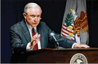  ?? CURTIS COMPTON / CCOMPTON@AJC.COM ?? U.S. Attorney General Jeff Sessions speaks in Macon on Thursday; he addressed a group that included Georgia sheriffs, police chiefs, district attorneys and federal prosecutor­s in the U.S. Attorney’s Office for the Middle District of Georgia.