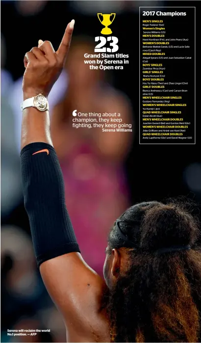  ?? AFP ?? Serena will reclaim the world No.1 position. —