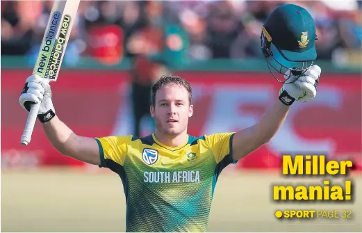  ?? Picture: AFP ?? David Miller of the Proteas acknowledg­es the crowd after scoring his century – the fastest ton in T20 history, smashing 100 off just 35 balls – during the second T20 internatio­nal against Bangladesh at Senwes Park in Potchefstr­oom yesterday.