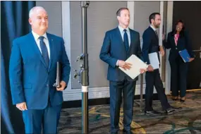  ?? The Canadian Press ?? Conservati­ve Party of Canada leadership candidates Erin O’Toole, from left, Peter MacKay, Derek Sloan and Leslyn Lewis wait for the start of the French-language debate in Toronto on June 17.