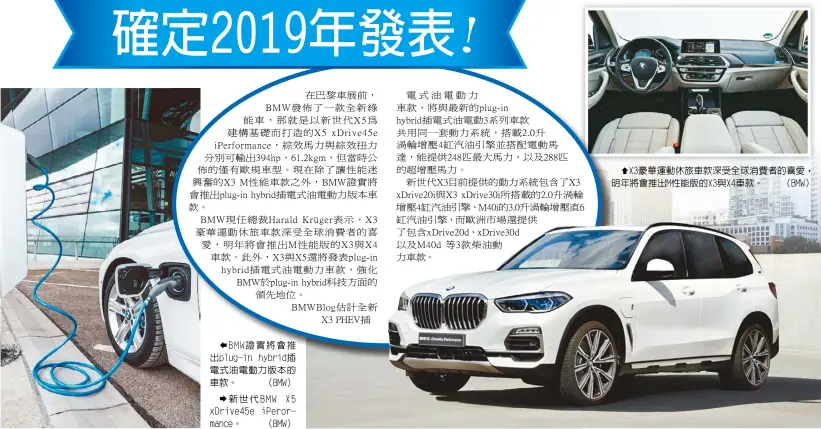  ??  ?? BMW證實將會推出p­lug-in hybrid插電式油­電動力版本的車款。 （BMW）
新世代BMW X5 xDrive45e iPerormanc­e。 （BMW） X3豪華運動休旅車款­深受全球消費者的喜愛，明年將會推出M性能版­的X3與X4車款。 （BMW）