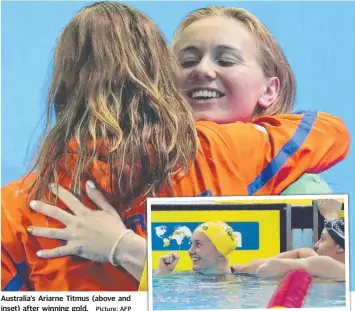  ?? Picture: AFP ?? Australia's Ariarne Titmus (above and inset) after winning gold.