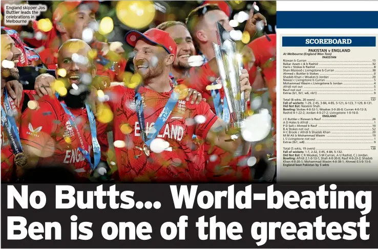  ?? ?? England skipper Jos Buttler leads the Cricket celebratio­ns in Melbourne