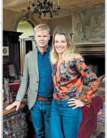  ??  ?? Positive outlook: Julie with husband Luke – Viscount Hinchingbr­ooke – above, and practising yoga, ready for the festival next week